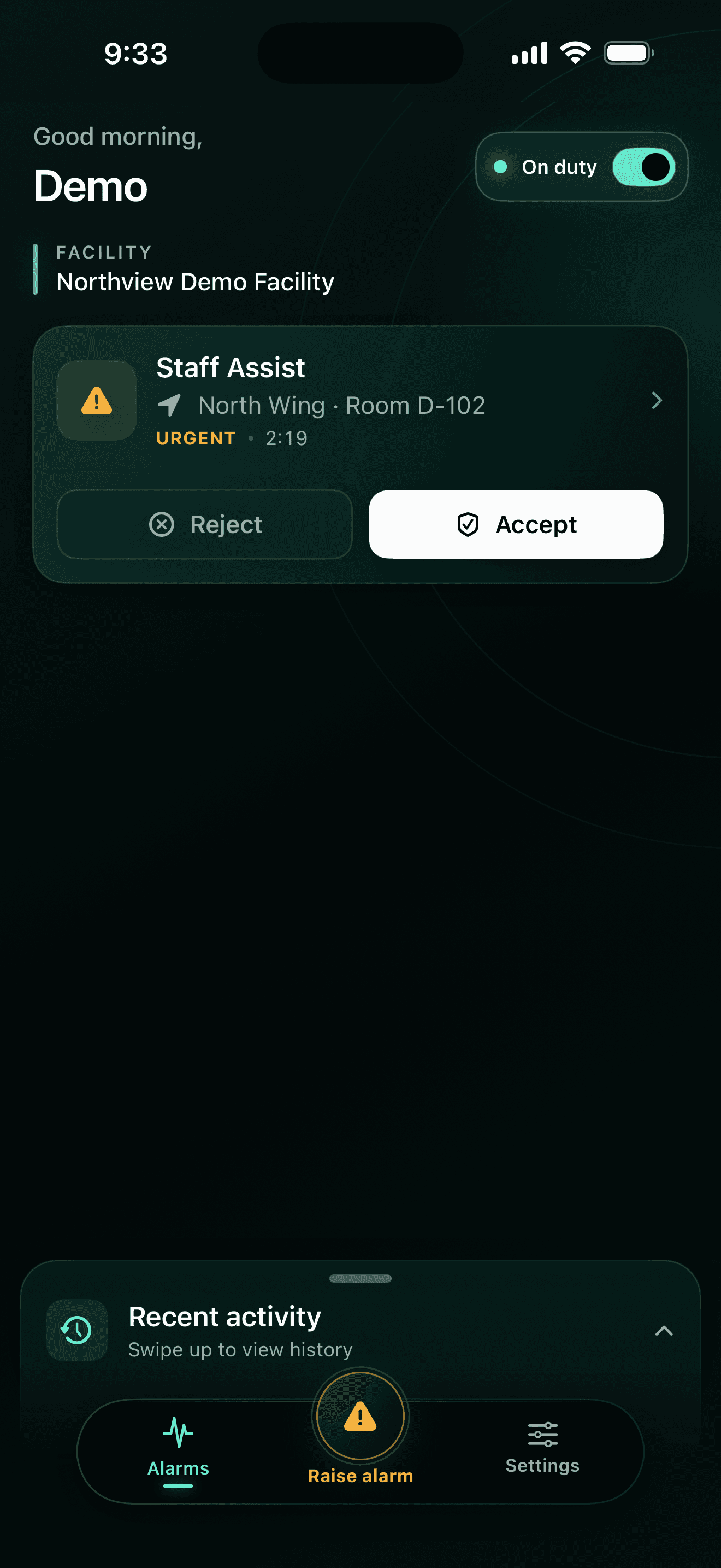 YSignal demo screen with an assigned Staff Assist alarm and on-duty status