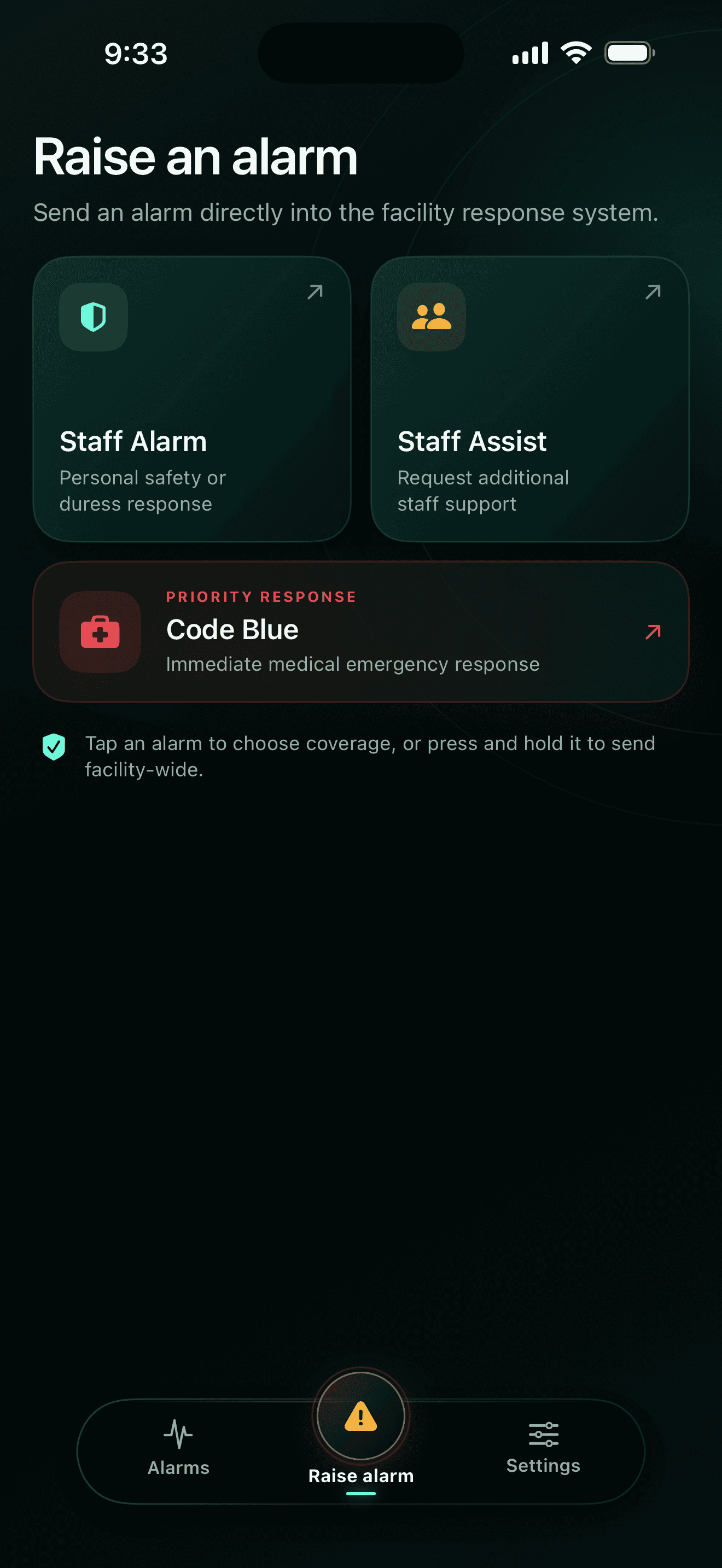 YSignal demo screen showing Staff Alarm, Staff Assist, and Code Blue options